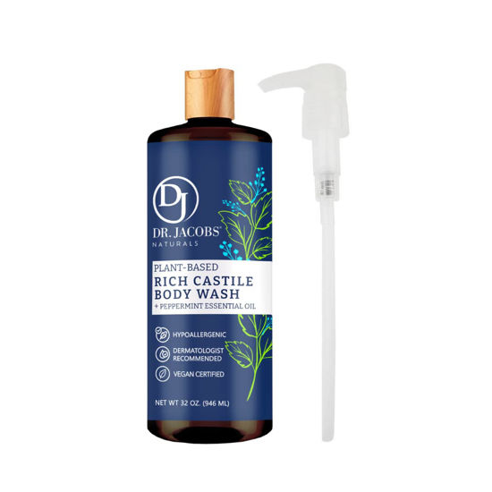 Picture of Dr Jacobs Naturals Pure Castile Liquid Soap Gel - Invigorating (Peppermint, 32 Oz with Pump) Made with Premium Organic Oils - Vegan, No Palm Oil, GMO Free - Concentrated, Multi-Purpose for Face, Body, Hair, Pets, Laundry and Dishes - Hypoallergenic 