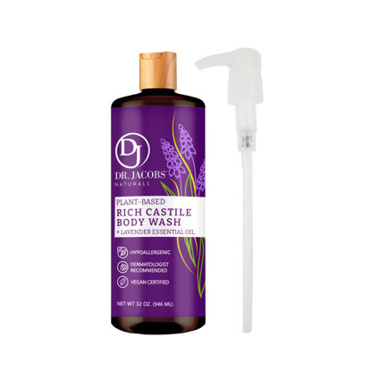 Picture of Dr Jacobs Naturals Pure Castile Liquid Soap Gel - Relaxing (Lavender, 32 oz with Pump) Made with Premium Organic Oils - Vegan, No Palm Oil, GMO Free - Concentrated, Multi-Purpose for Face, Body, Hair, Pets, Laundry and Dishes - Hypoallergenic and De