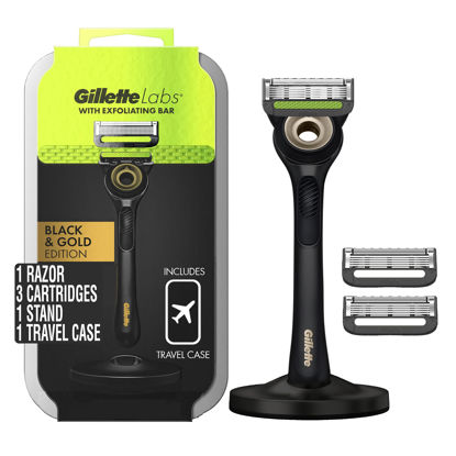 Picture of Gillette Labs Razor for Men with Exfoliating Bar Gold Edition, Includes 1 Handle, 3 Razor Blade Refills, 1 Travel Case, 1 Premium Magnetic Stand