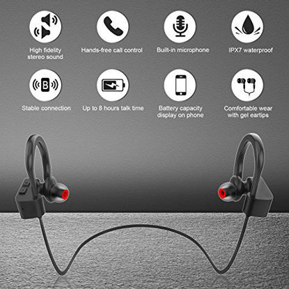 Picture of LETSCOM Bluetooth Headphones V5.0 IPX7 Waterproof, Wireless Sport Earphones, HiFi Bass Stereo Sweatproof Earbuds W/Mic, Noise Cancelling Headset for Workout, Running, Gym, 8 Hours Play time