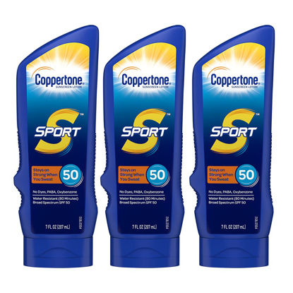 Picture of Coppertone SPORT Sunscreen Lotion SPF 50, Water Resistant Sunscreen, Broad Spectrum SPF 50 Sunscreen, Bulk Sunscreen Pack, 7 Fl Oz Bottle, Pack of 3