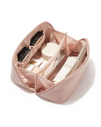 Picture of EACHY Travel Makeup Bag - Waterproof Pink Cosmetic Bags for Women and Girls, Make Up Organizer with Dividers and Handle, Aesthetic Makeup Bags for Traveling（Pink）