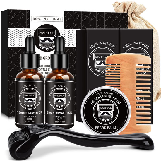 Picture of MALE GOD Beard Growth Kit - Beard Kit W/Beard Growth Oil(2 Pack), Beard Balm, Beard Comb, Beard Growth Product for Patchy Beard - Birthday Gifts for Him Husband Boyfriend Dad, Christmas Gifts for Men