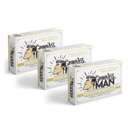 Picture of Grown Ass Man Co. - Solid Shampoo Bar Rich Lather 3 in 1: Hair, Beard & Body Wash - Plastic Free & Eco-Friendly, Natural & Organic for All Hair Types, 4oz Bar (Spruce Up, 3-Pack)