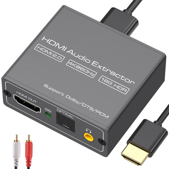 Picture of 4K 60Hz HDMI Audio Extractor Splitter Converter, HDMI to HDMI +Optical +3.5mm AUX Audio Adapter Supports HDMI 2.0,18Gpbs Bandwidth,Dolby Digital/DTS,PCM HDR10