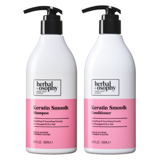 Picture of Herbalosophy Keratin Shampoo & Conditioner Set (Package May Vary), Smoothing, Nourishing & Moisturizing Formula for Damaged and Dry Hair, Extra Strength Hydrate & Repair for Color Treated Hair, Anti Frizz, Free of Sulfate, Parabens and Gluten, 2 x 1