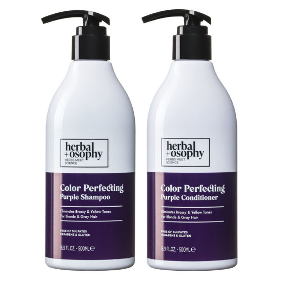 Picture of Herbalosophy Purple Shampoo & Conditioner Set (Package May Vary), Toning Shampoo Conditioner for Blonde Gray Hair, Eliminates Brassy and Yellow Tones, Infused with Cocos Nucifera Oil, Free of Sulfate, Parabens and Gluten, 2 x 16.9 Fl Oz