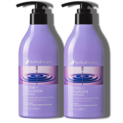 Picture of Herbalosophy Biotin & Collagen Shampoo & Conditioner Set, Hair Growth Thickening Shampoo & Conditioner Set, Repair Dry, Damaged Thinning Hair, Infused with Vitamin B7 & Argan Oil, Free of Sulfate, Parabens and Gluten, 2 x 16.9 Fl Oz