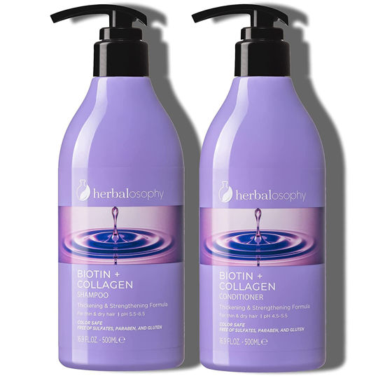 Picture of Herbalosophy Biotin & Collagen Shampoo & Conditioner Set, Hair Growth Thickening Shampoo & Conditioner Set, Repair Dry, Damaged Thinning Hair, Infused with Vitamin B7 & Argan Oil, Free of Sulfate, Parabens and Gluten, 2 x 16.9 Fl Oz