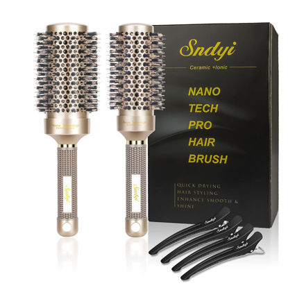 Picture of Round Brush for Blow Drying, Nano Thermal Ceramic & Ionic Tech Hair Brush with Boar Bristles, Professional Round Barrel Brush for Styling,Curling and Straightening by Sndyi, 2 Pack Round Hair Brushes