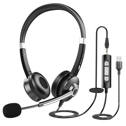 Picture of USB Computer Headset with Microphone for Laptop PC,3.5mm Wired Stereo Call Center Headset with Microphone Noise Cancelling, Corded Desktop Headphones with Mic & Mute for Office/Telework/Home/Kids/Zoom