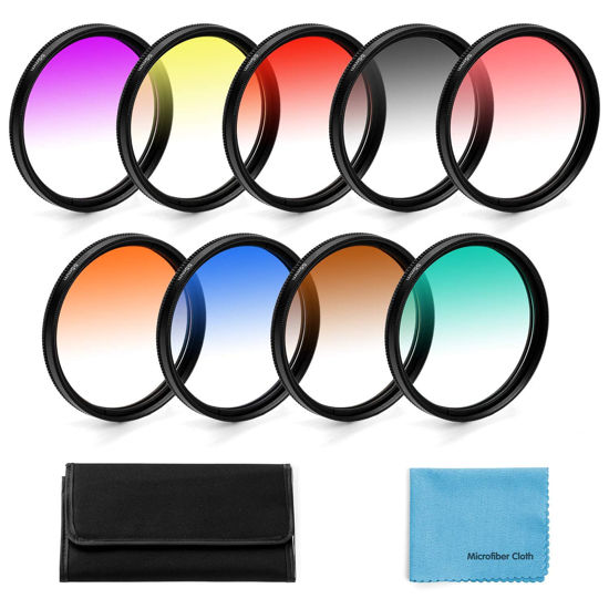 Picture of 62mm Graduated Color Filters Kit 9 Pieces Gradual Colour Lens Filter Kit Set Accessory for Canon Nikon Sony Pentax Olympus Fuji DSLR Camera + Lens Filter Pouch +Lens Cleaning Cloth