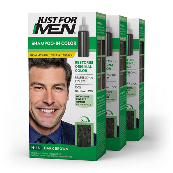 Picture of Just For Men Shampoo-In Color (Formerly Original Formula), Mens Hair Color with Keratin and Vitamin E for Stronger Hair - Dark Brown, H-45, Pack of 3