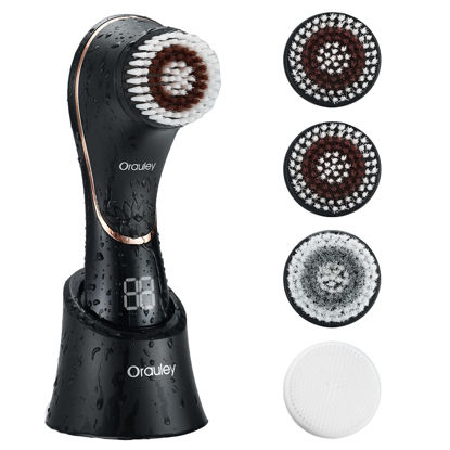 Picture of Facial Cleansing Brush, Electric Face Scrubber Rechargeable Exfoliator IPX-7 Waterproof Rotating Cleanser for Exfoliating, Massaging and Deep Cleansing for Women & Men with 4 Brush Heads Black