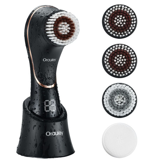 Picture of Facial Cleansing Brush, Electric Face Scrubber Rechargeable Exfoliator IPX-7 Waterproof Rotating Cleanser for Exfoliating, Massaging and Deep Cleansing for Women & Men with 4 Brush Heads Black