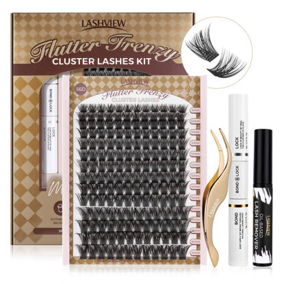 Picture of LASHVIEW 56D DIY Eyelash Extension Kit, Cluster Eyelash Extensions, Individual Lashes Kit,Individual Lashes with Glue and Tweezers