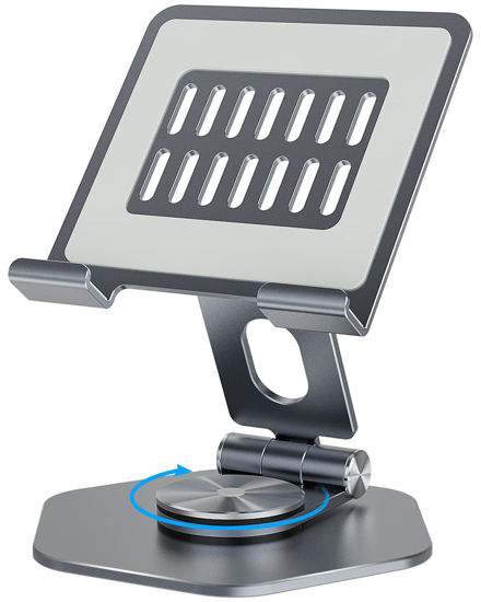 Picture of SOJUNER Swivel Tablet Stand, Tablet Holder for iPad with 360 Rotating Base, Aluminum Foldable Desktop Stand Holder Compatible with All Tablet Such as iPad Pro 12.9,11,10.5,9.7, Grey
