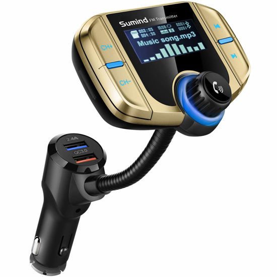 Picture of (Upgraded Version) Sumind Car Bluetooth FM Transmitter, Wireless Radio Adapter Hands-Free Kit with 1.7 Inch Display, QC3.0 and Smart 2.4A USB Ports, AUX Output, TF Card Mp3 Player(Golden)