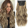 Picture of KooKaStyle Clip in Synthetic Highlight Hair Extensions Long Wavy 4PCS Thick Hairpieces Medium Brown Ash Blonde Fiber Double Weft Natural Hair Extensions 20 Inch for Women