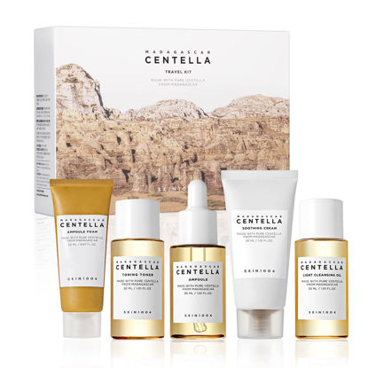 Picture of SKIN1004 Madagascar Centella Travel Kit, Toner, Ampoule, Soothing Cream, Cleansing Oil, Ampoule Foam, Basic Skincare Box, Compact Size, Soothing Calming