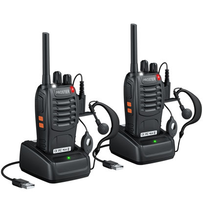 Picture of Proster Rechargeable Walkie Talkies 1 Pair, 16 Channel Long Range Two Way Radios with USB Charger Earpiece Mic, Handheld Walky Talky Transceiver 2 Pack