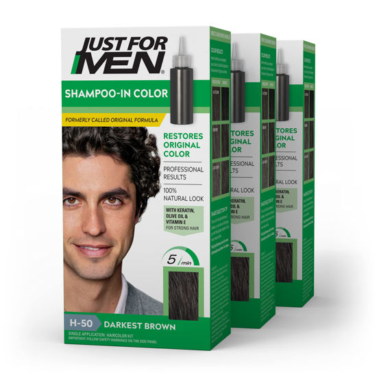 Picture of Just For Men Shampoo-In Color (Formerly Original Formula), Mens Hair Color with Keratin and Vitamin E for Stronger Hair - Darkest Brown, H-50, Pack of 3