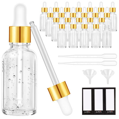 Picture of 24 Pack 2 Oz Glass Eye Dropper Bottles Clear, 60 ml Empty Tincture Dropper Bottle with droppers, 1 Extra Cap, 2 Plastic Funnels, 2 Pipettes & 48 stickers for DIY Essential Oils, Body Oil, Beauty Oil