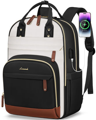 Picture of LOVEVOOK Laptop Backpack for Women, 15.6 Inch Travel Anti-theft Laptop Bag, Fashion Work Business Backpacks Purse, Warterproof College Teacher Nurse Computer Professor Daypack, Beige-Black-Brown