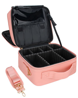 Picture of Relavel Travel Makeup Bag 2 Layer Heighten Makeup Train Case Cosmetic Storage and Organizer Box Portable Makeup Carrying Case with Shoulder Strap and Adjustable Dividers (small, pink)