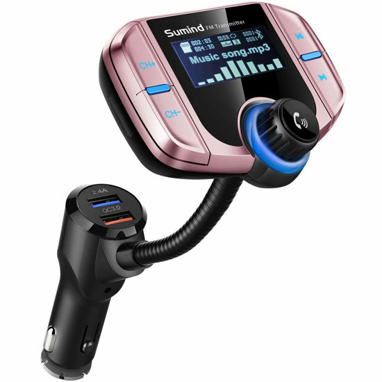 Picture of (Upgraded Version) Sumind Car Bluetooth FM Transmitter, Wireless Radio Adapter Hands-Free Kit with 1.7 Inch Display, QC3.0 and Smart 2.4A USB Ports, AUX Output, TF Card Mp3 Player(Rose Gold)