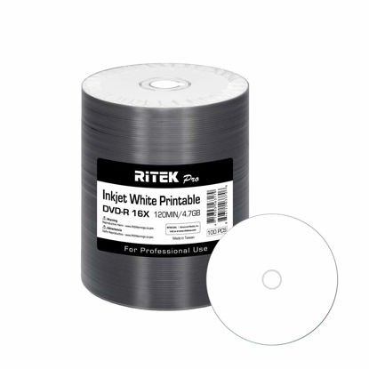Picture of 100 Pack Ritek Pro (Professional Grade) DVD-R 16X 4.7GB AZO Dye (MID MXL RG04) White Inkjet Hub Printable Blank Media Recordable Disc
