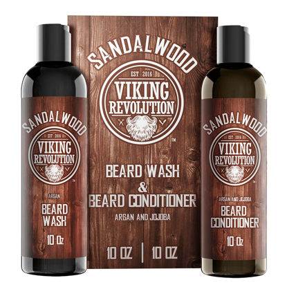 Picture of Beard Wash & Beard Conditioner Set w/Argan & Jojoba Oils - Softens & Strengthens - Natural Sandalwood Scent - Beard Shampoo w/Beard Oil (10oz)