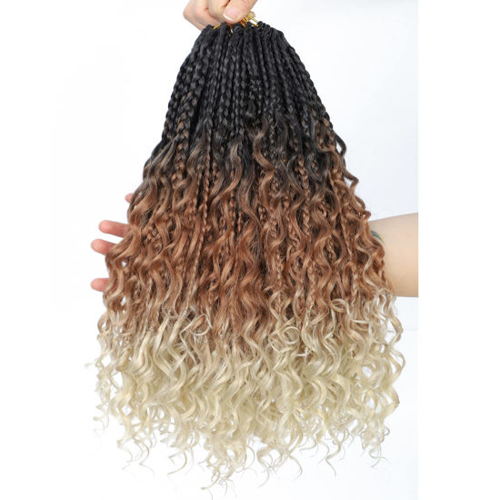 Picture of 14Inch Crochet Box Braids Hair -8 Packs Goddess Box Braids Crochet Hair Bohemian Curly Crochet Hair Pre-looped Crochet Hair for Black Wome (1b/30/613)