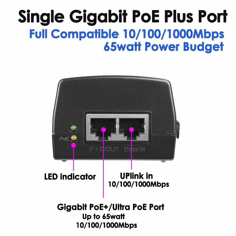 GetUSCart- iCreatin Gigabit Ultra PoE+ Injector Adapter w/ 60W Power ...