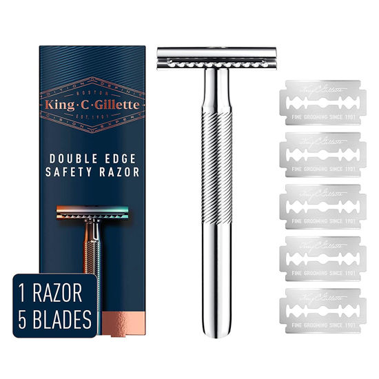 Picture of King C. Gillette Safety Razor with Chrome Plated Handle and 5 Platinum Coated Double Edge Safety Razor Blade Refills