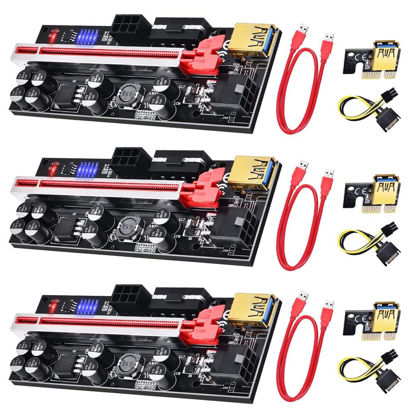 Picture of [2022 Newest Version] PCI-E Riser 1X to 16X Graphics Extension Cable for Bitcoin Litecoin ETH Coin Mining, 8 Solid Capacitors, 2X 6PIN and Molex 3 Power Options, 60cm USB 3.0 Cable(VER 010S, 3 Pack)