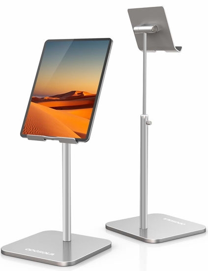 Picture of ODOSOLA Tablet Stand Height Angle Adjustable, Eye-Level Desktop iPad Stands Tablet Holder for Home Office, Cradle Dock for iPad Pro 12.9, Air Mini 4, Kindle, E-Reader, Nexus, iPhone (4-13'') Silver