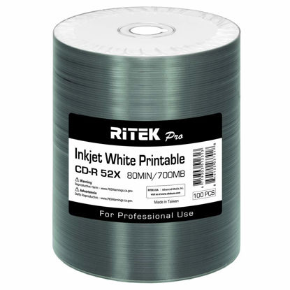 Picture of 100 Pack Ritek Pro (Professional Grade) CD-R 52X 700MB White Inkjet Hub Printable Blank Media Recordable Disc