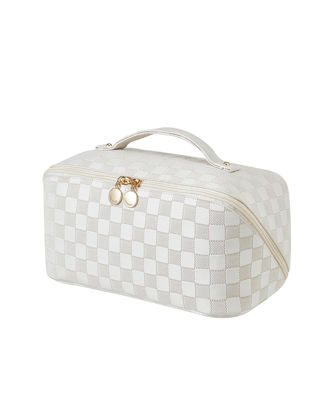 Picture of EACHY Travel Makeup Bag,Large Capacity Cosmetic Bags for Women,Waterproof Portable Pouch Open Flat Toiletry Bag Make up Organizer with Divider and Handle (LD-White)