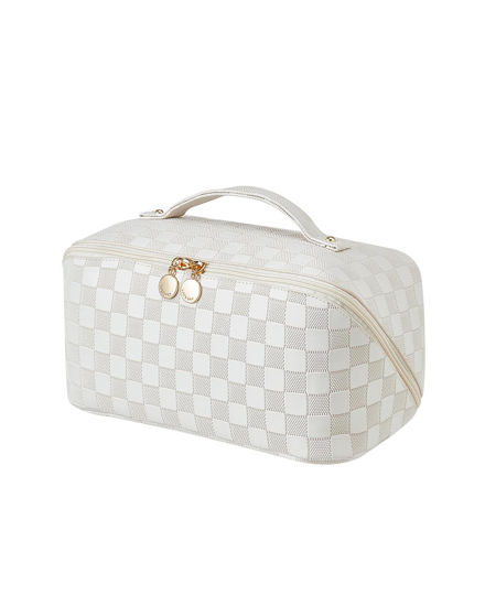 Picture of EACHY Travel Makeup Bag,Large Capacity Cosmetic Bags for Women,Waterproof Portable Pouch Open Flat Toiletry Bag Make up Organizer with Divider and Handle (LD-White)