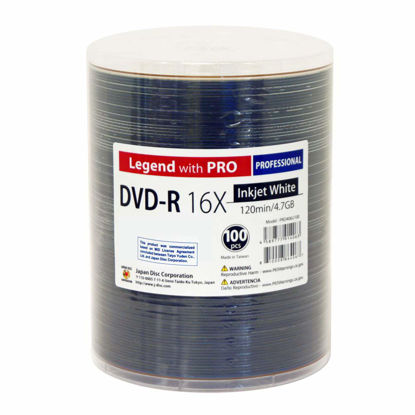 Picture of 100 Pack Professional DVD-R Legend with Pro Taiyo Yuden TY Technology 16X 4.7GB 120Min (MID TYG03) White Inkjet Hub Printable Blank Recordable Disc