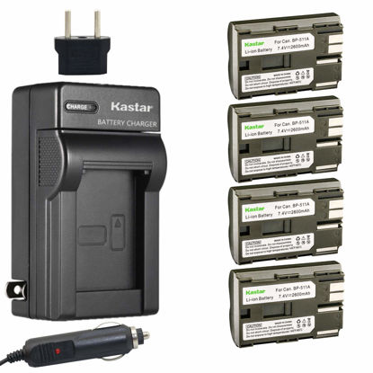 Picture of Kastar Battery (4-Pack) and Charger for Canon BP-511, BP-511A, BP511, BP511A and EOS 5D, 10D, 20D, 30D, 40D, 50D, Digital Rebel 1D, D60, 300D, D30, Kiss Powershot G5, Pro 1, G2, G3, G6, G1, Pro90 etc.