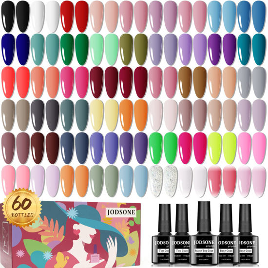 Picture of JODSONE Gel Nail Polish kit 60 PCS with 5 Bottles of Base and Glossy Matte Top Coat Soak off Gel Nail Set Suitable for All Seasons Gel Polish Gifts