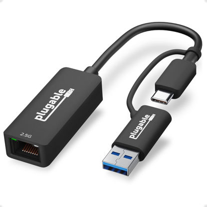 Picture of Plugable 2.5G USB C and USB to Ethernet Adapter, 2-in-1 Adapter Compatible with USB-C Thunderbolt 3 or USB 3.0, USB-C to RJ45 2.5 Gigabit LAN Ethernet, Compatible with Mac and Windows