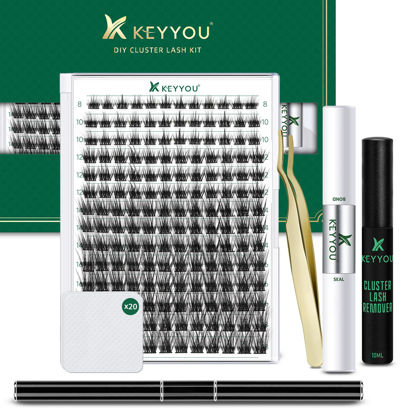 Picture of DIY Lash Extension Kit KEYYOU 168pcs Lash Clusters Eyelash Extension Kit with Mascara Brush Bond and Seal Lash Glue Remover Lash Applicators Lash Brush Clean Pad for DIY Lash Extensions (Y08 Kit)