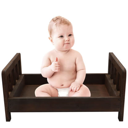 Picture of SPOOKI Newborn Photography Props Bed，0-2 Months Brown Wooden Posing Baby Photoshoot Props Bed, Boys Girls Doll Bed Studio Props with Box for Newborn Photoshoot (A)