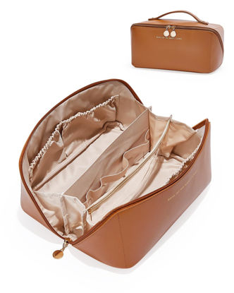 Picture of EACHY Travel Makeup Bag,Large Capacity Cosmetic Bags for Women,Waterproof Portable Pouch Open Flat Toiletry Bag Make up Organizer with Divider and Handle (Large-Brown)