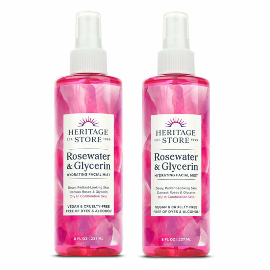 Picture of Heritage Store Rosewater & Glycerin 2-pack, Hydrating Facial Mist for Dry Combination Skin Care, Rose Water Spray for Face with Vegetable Glycerine, Made Without Dyes or Alcohol, Vegan, 8oz each
