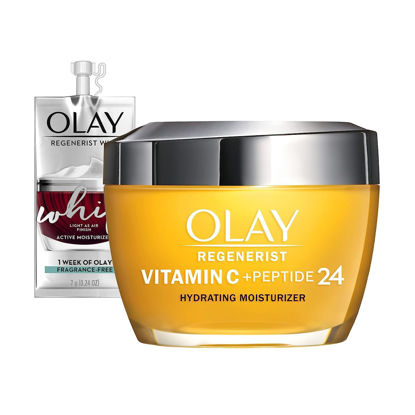 Picture of Olay Regenerist Vitamin C + Peptide 24 Brightening Face Moisturizer for Brighter Skin, Lightweight anti-aging cream for dark spots, Includes Olay Whip Travel size for dry, 1.7 oz