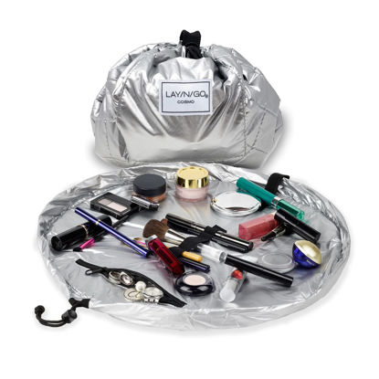 Picture of Lay-n-Go Cosmo Drawstring Cosmetic & Makeup Bag Organizer, Toiletry Bag for Travel, Gifts, and Daily Use, 20 inch, Metallic Silver